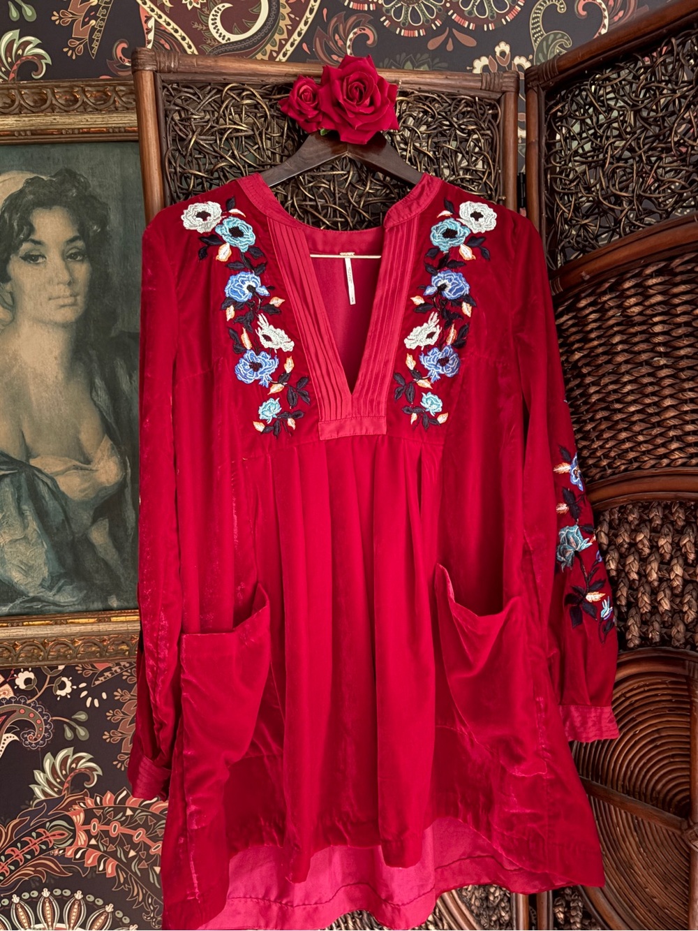 Free People Ruby Red Velvet Embroidered Tunic Dress Boho Floral Pocket Mini S
